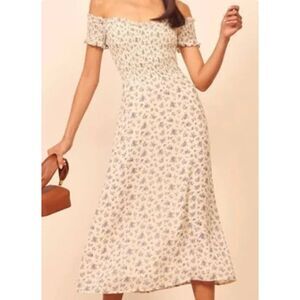 Reformation Murphy Floral Off Shoulder Midi Dress Cream Blue Size 2